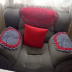 Red and gray yarn seat cover
